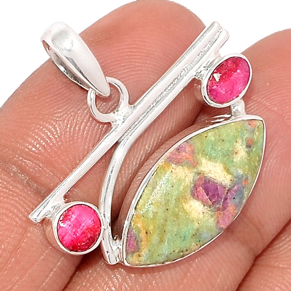 ♥ Natural Ruby (India) In Fuchsite & Ruby 925 Sterling Silver Pendant ♥